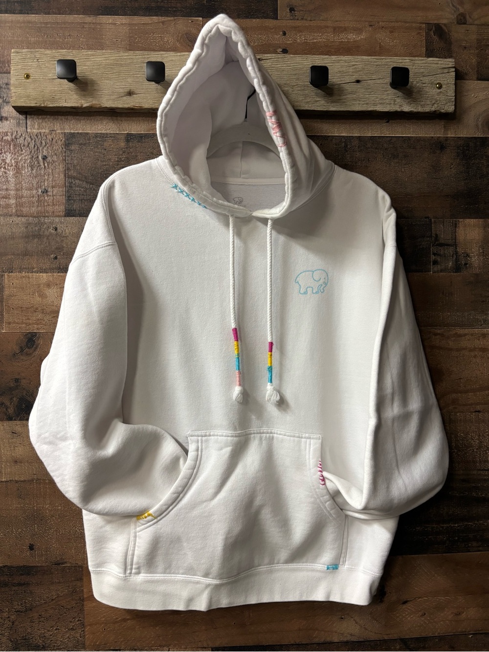 ivory ella White Hoodie with Elephant Print and Pastel Embroidery